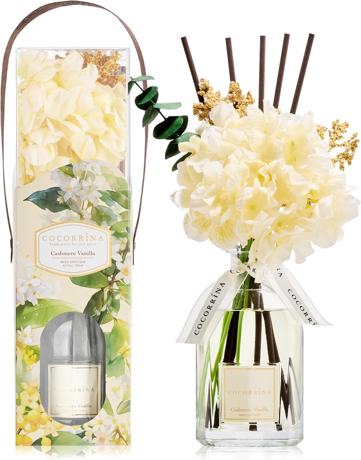 COCORRÍNA Reed Diffuser - Cashmere Vanilla 8.5 Fl.oz Flower Reed Diffuser with Sticks, Bedroom Bathroom Shelf Decor (Floral Basket Collection)