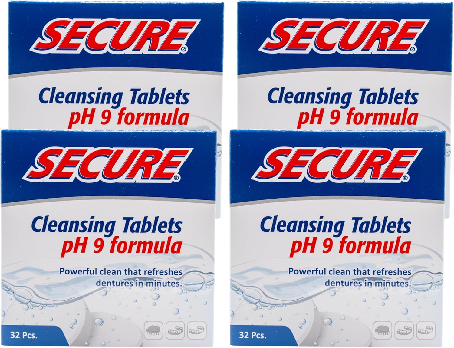 Secure Daily Cleansing Tablets - pH 9 Formula Thoroughly Cleans Dentures - Fights Odors, Stains & Germs - For Dentures, Nightguards, Retainers & Partials - 32 Tablets (4 Pack)