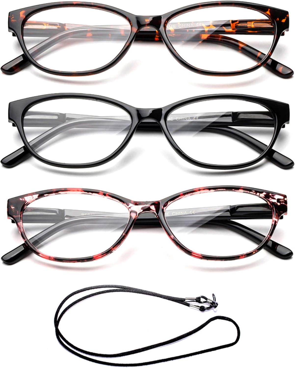 Slim Cat Eye Translucent Tortoise Shell Fashion Reading Glasses for Women 3 Pack with Lanyard