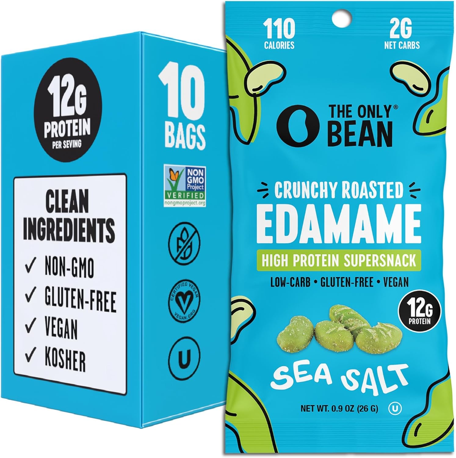 The Only Bean Crunchy Dry Roasted Edamame Snacks (Sea Salt), Healthy High Protein(11g) Keto Food, Low Carb Gluten Free Office Vegan Food 100 Calorie Snack Pack, 0.9oz 10 Pack