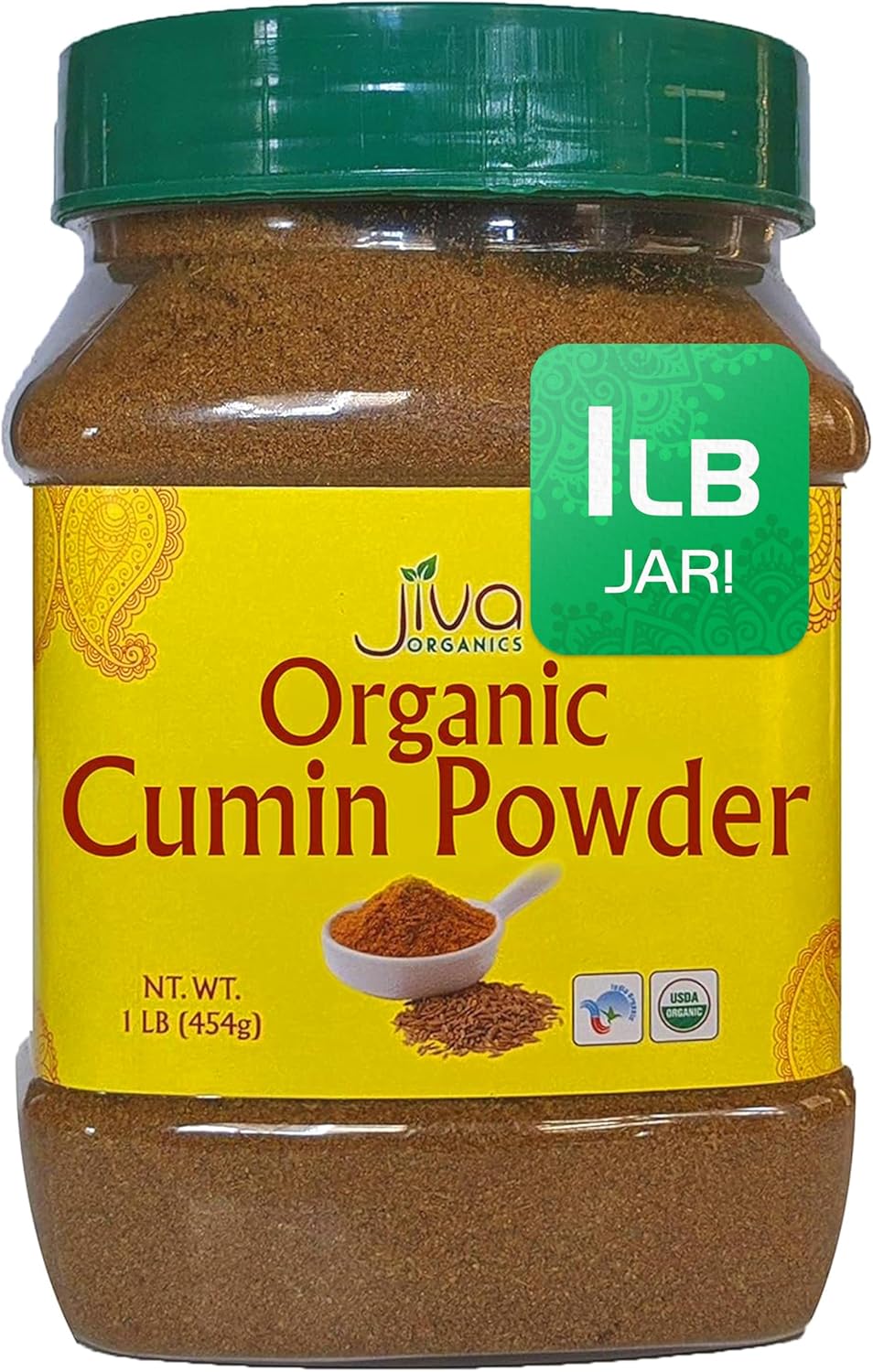 Jiva Organics Organic Ground Cumin Powder 1 Pound Jar - 100% Pure & Non-GMO, Cumin Seed Powder (packaging may vary)