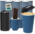 16 oz 100 Pack Corrugated Ripple Wall Disposable Coffee Cups with Lids and Straws, Heavy Duty Insulated Cups for Hot Beverage or Cold Drinks, Bulk for Restaurants, Offices, Coffee Shops(Blue)