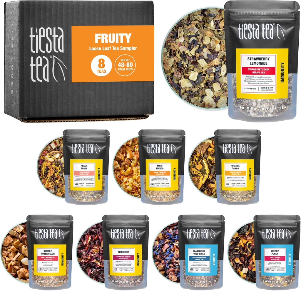 Tiesta Tea - Fruity Tea Sampler Dry Flight Set, Loose Leaf, No Caffeine, Makes Hot and Iced, Assorted Fruit Brews with Mango, Peach, Orange Drinks & More, 8 Resealable Sample Pouches