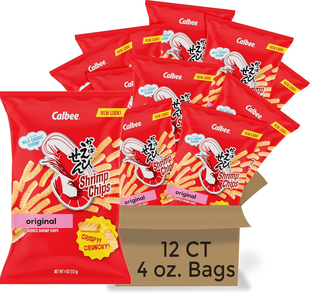 Calbee Shrimp Chips (Original, 4.0 oz) | Japanese Chips Made With Real Wild-Caught Shrimp & Baked To Crunchy Perfection | Indulge In Irresistible Shrimp Flavoured Chips (12 Pack)