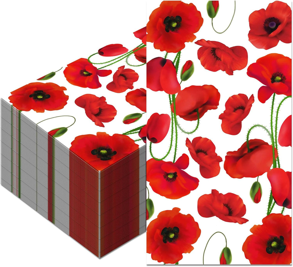 40PCS Poppy Floral Paper Napkins Flowers Paper Napkins Disposable Red Poppy Floral Guest Napkin Decorative Hand Napkin for Poppies Party Supplies, Dinner, Wedding, Birthday, Garden Party, 4.5" x 8"