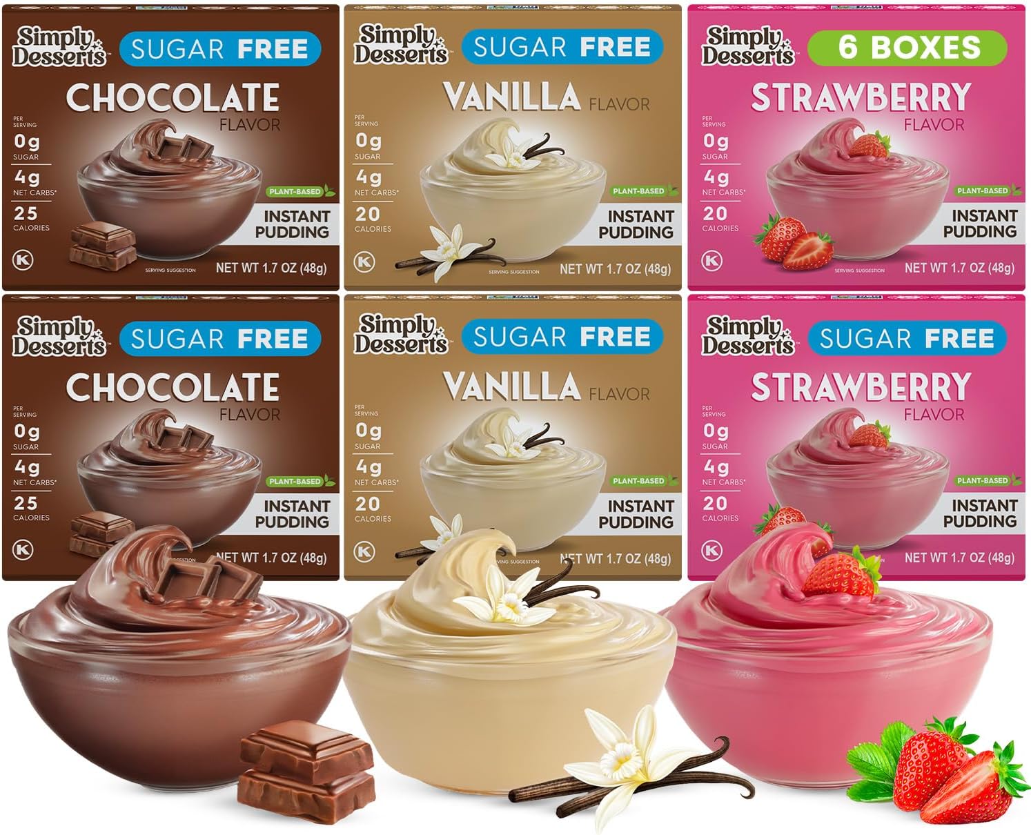 Simply Desserts Vanilla, Strawberry & Chocolate Instant Pudding, Sugar-Free, Variety 6-Pack – Healthy Dessert, Keto Snacks, Vegan & Diabetic-Friendly, Kosher, 1.7 Oz Ea
