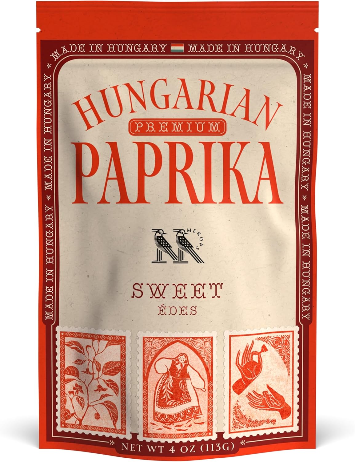 Premium SWEET Hungarian Paprika Powder (4 oz) - Non-GMO - Vibrant Deep Red Color - Protected Designation of Origin (PDO): Szeged Region, Hungary - Authentic Seasoning Spice in Resealable Bag by MEROPS