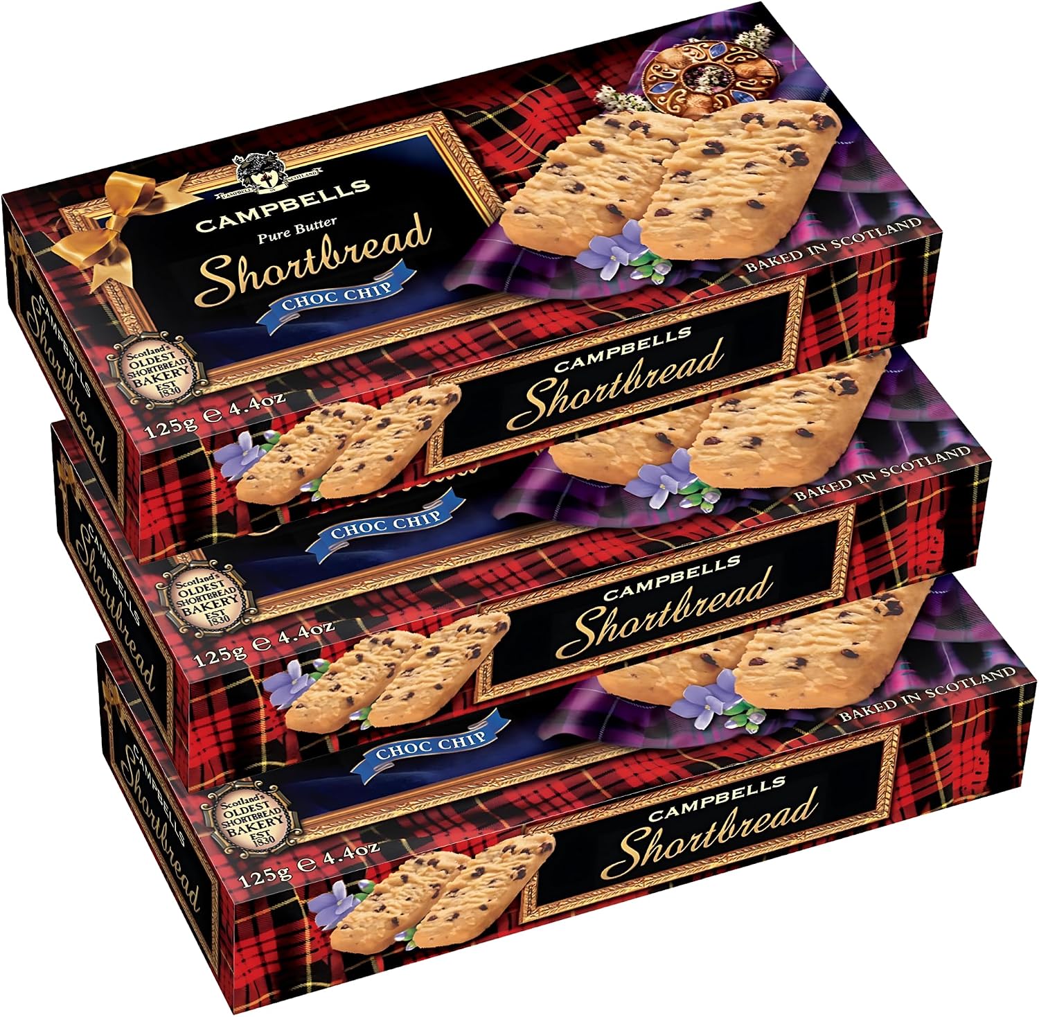 Campbells Shortbread Chocolate Chip Fingers Carton 4.41 Oz (Pack of 3) - Pure Butter Choc Chip Cookies, Traditional Scottish Shortbread Cookies from Scotland, British Tea Biscuits & Scottish Gift Box