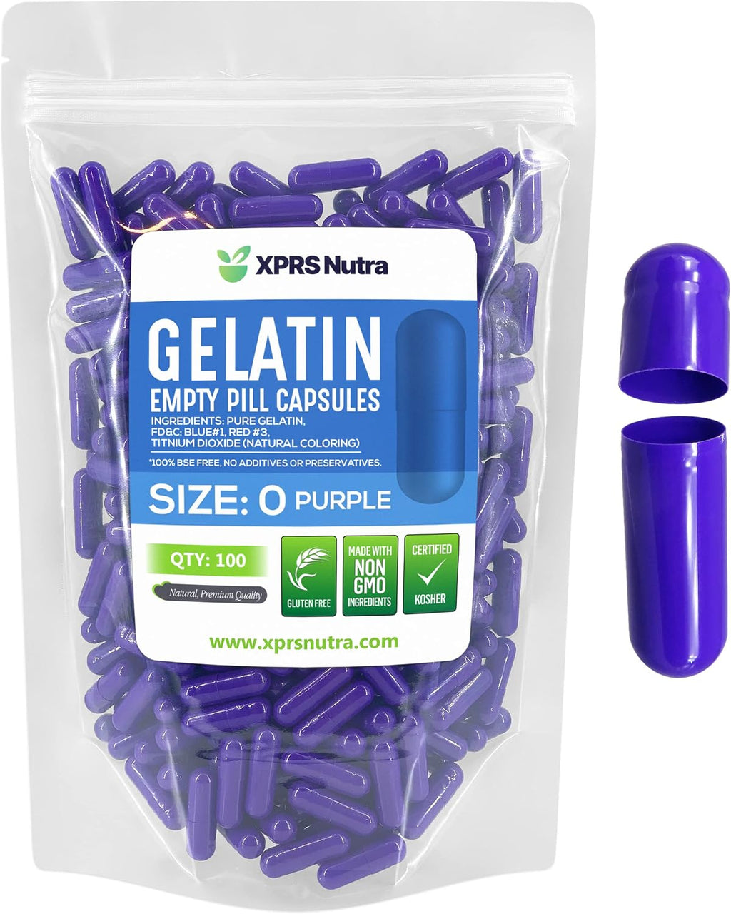 XPRS Nutra Size 0 Empty Capsules - 100 Count Empty Gelatin Capsules - Pills DIY Capsule Filling - Pure Bovine Pill Gel Caps for Do-It-Yourself Supplements (Purple)