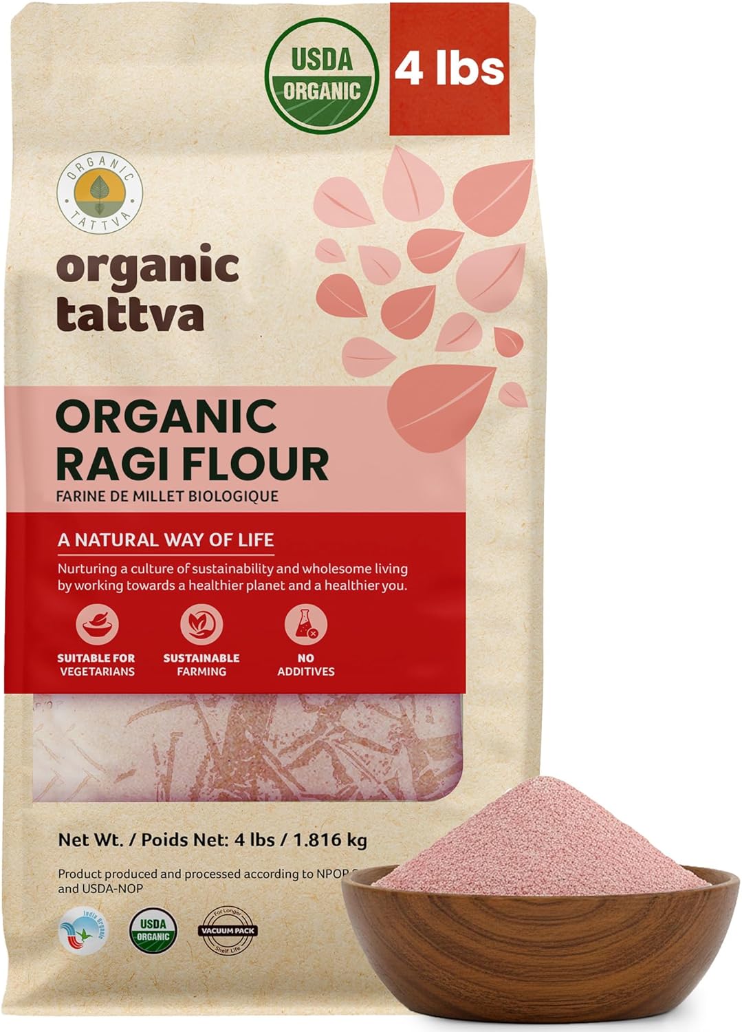 Organic Tattva Ragi Flour (4 lbs) - Finger Millet Flour from Organic Millet Grain - Gluten Free, Vegan & Kosher - Natural Plant Based Protein & Fiber - Chemical & Additives Free - USDA Certified