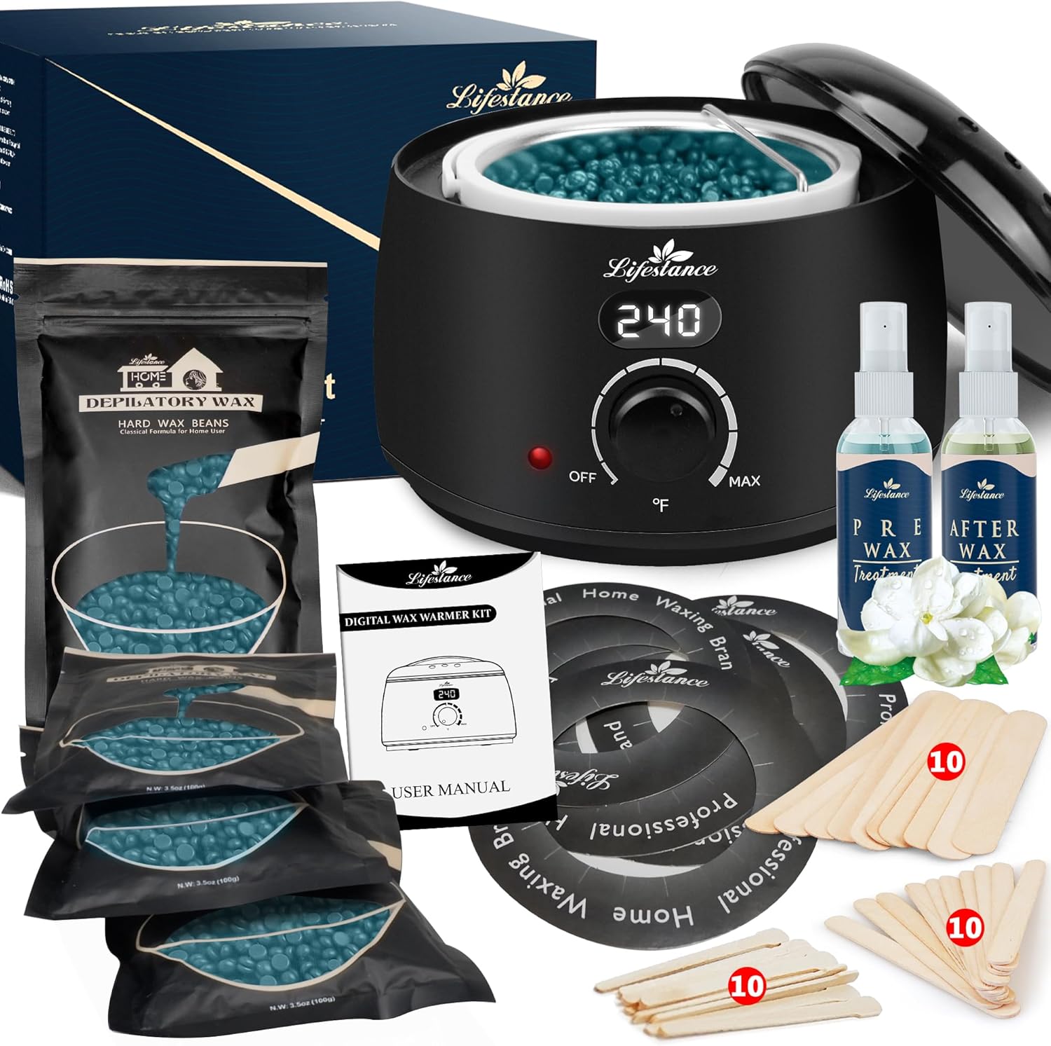 Lifestance Waxing Kit for Women & Men - L2 Digital Wax Pot Warmer, Brazilian & Bikini Hair Removal Kit with 14.1oz Hard Wax Beads & 42 Accessories, Professional for Face, Leg, Eyebrow, Body at Home