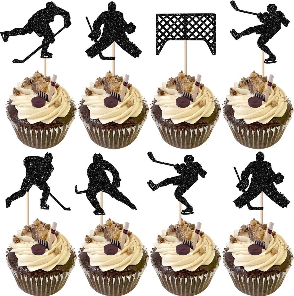 Rsstarxi 24 Pack Hockey Theme Cupcake Toppers Glitter Hockey Player Cupcake Picks Ice Hockey Sports Theme Cake Decorations for Baby Shower Boys Girls Birthday Party Supplies Black