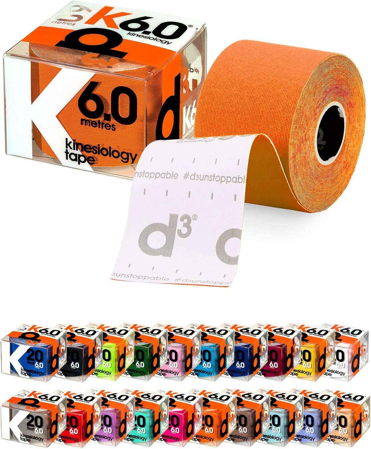 d3 K6.0 Kinesiology Tape 2in x 20ft – Orange Athletic Tape for Joint Support, Pain Relief & Muscle Recovery | Water Resistant & Hypoallergenic for Knee, Shoulder & Back – Uncut Roll