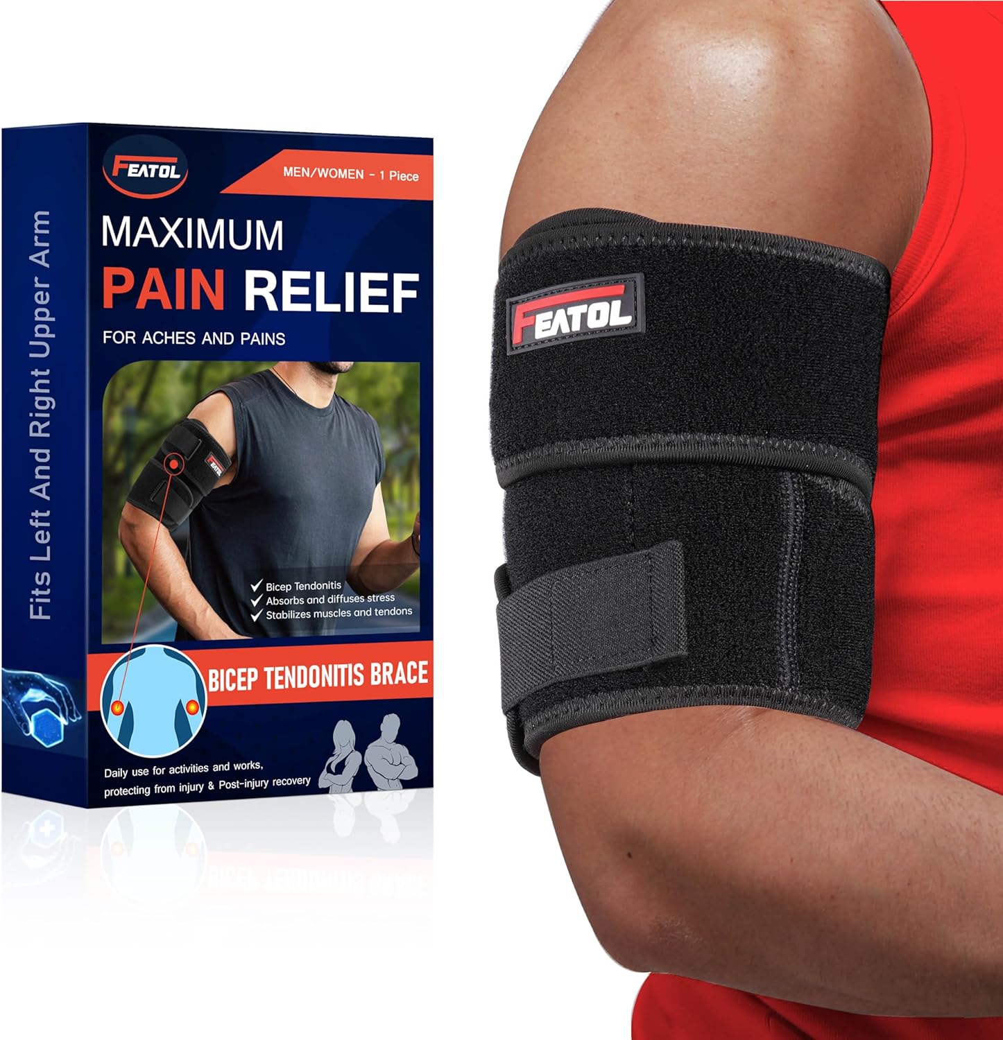 FEATOL Bicep Tendonitis Brace Compression Sleeve Support, Upper Arm Brace Tricep Bicep Support Bands for Men and Women, Arm Wrap Pain Relief for Muscle Strains and Inflammation(Black, Medium)