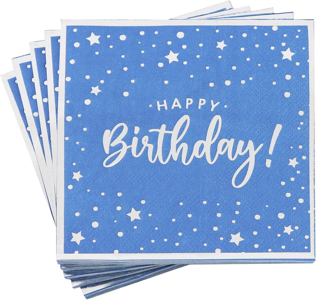 Vuzvuv 52 Pack Happy Birthday Cocktail Napkins with Confetti Silver Stamping - Birthday Party Dinner Hand Napkin for Party Supplies Decorations Table Decor for women man(5" Folded 3 Ply-Blue)