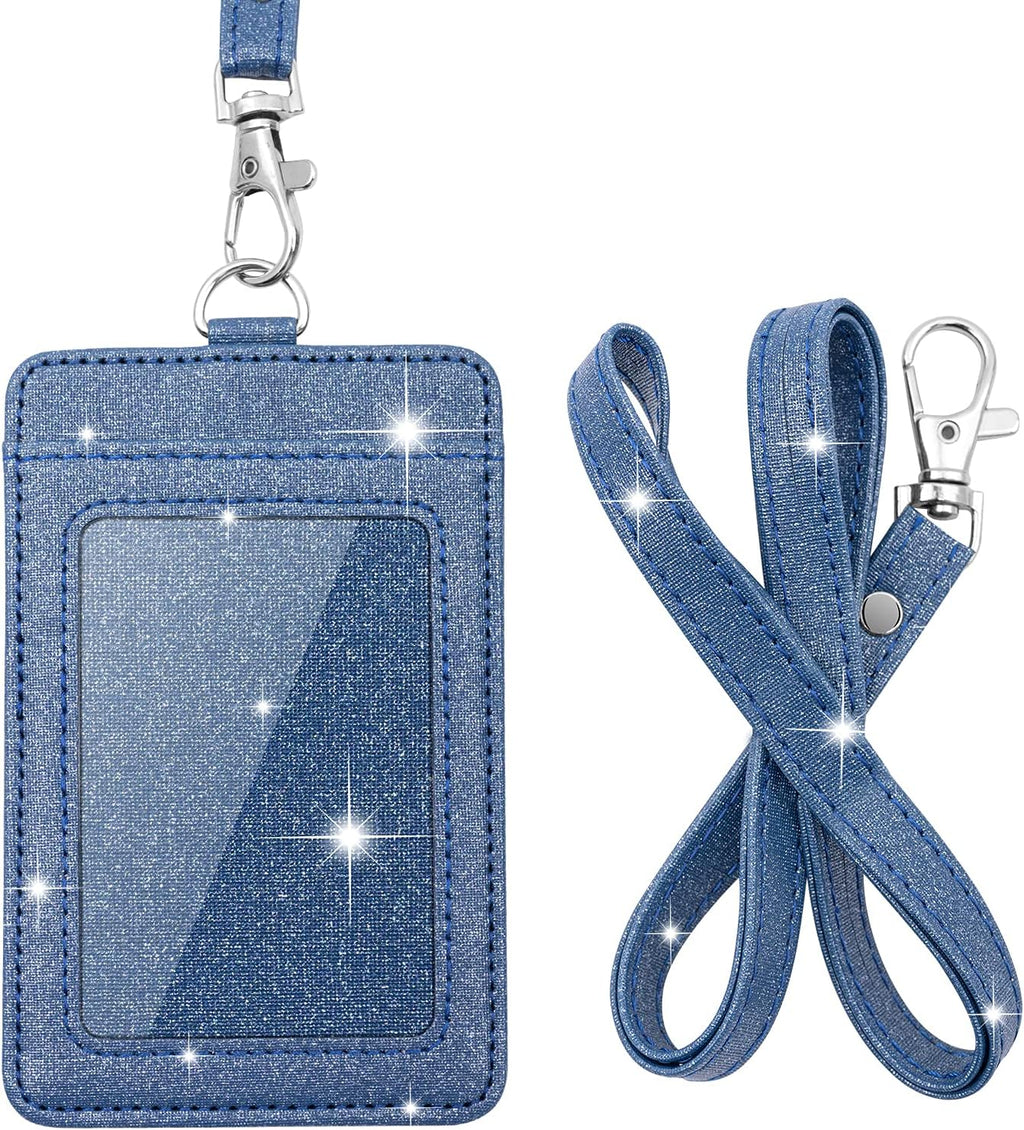 PU Leather ID Badge Holder, Life-Mate ID Badge Holder with 1 Clear ID Window 1 Credit Card Slot and PU Leather Lanyard for Badge Credit Cards College ID Cards in Glitter Blue