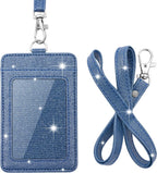 PU Leather ID Badge Holder, Life-Mate ID Badge Holder with 1 Clear ID Window 1 Credit Card Slot and PU Leather Lanyard for Badge Credit Cards College ID Cards in Glitter Blue