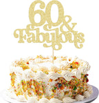 Ephlyn 1Pc 60 & Fabulous Cake Topper Glitter Sixty and Fabulous Cake Toppers Happy 60th Birthday Cake Pick for 60th Wedding Anniversary Birthday Party Decorations Supplies Gold