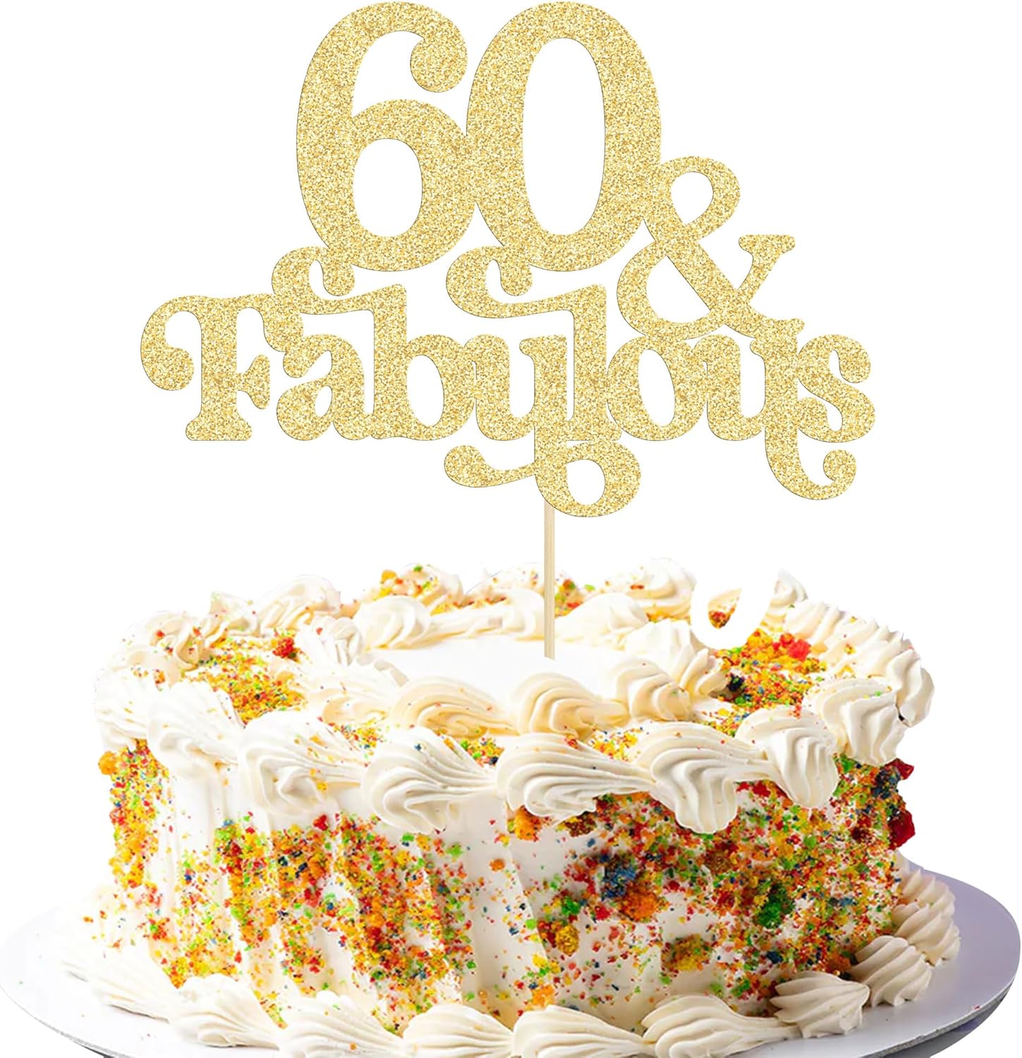 Ephlyn 1Pc 60 & Fabulous Cake Topper Glitter Sixty and Fabulous Cake Toppers Happy 60th Birthday Cake Pick for 60th Wedding Anniversary Birthday Party Decorations Supplies Gold