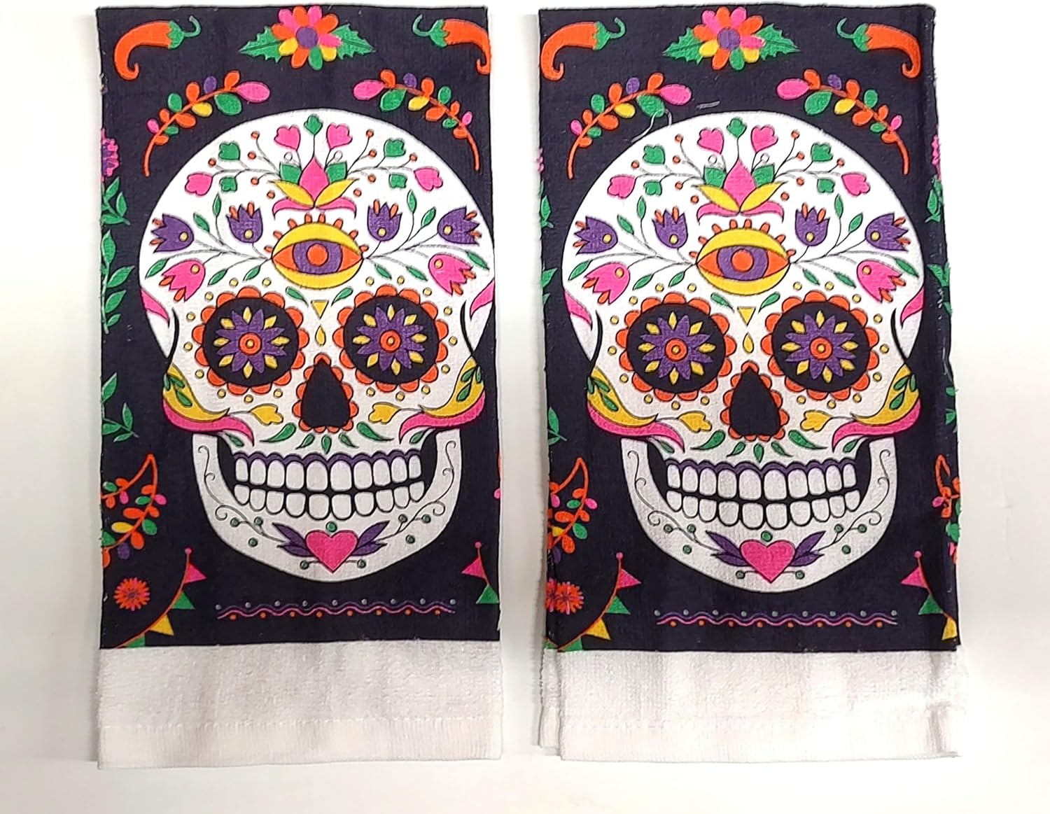 Day of The Dead Sugar Skull Set of 2 Decorative Towels for Bathroom & Kitchen (Black)