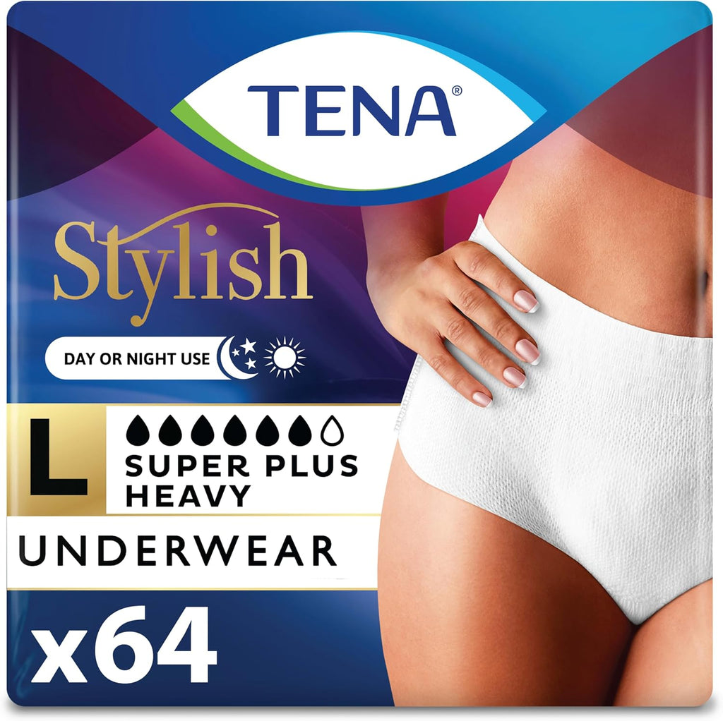 TENA Stylish White Incontinence Underwear for Women, Super Plus Heavy Absorbency, Adult Diapers, Large (Waist Sizes 37in-50in), 64 Count (2 packs of 16)