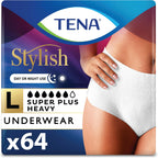 TENA Stylish White Incontinence Underwear for Women, Super Plus Heavy Absorbency, Adult Diapers, Large (Waist Sizes 37in-50in), 64 Count (2 packs of 16)