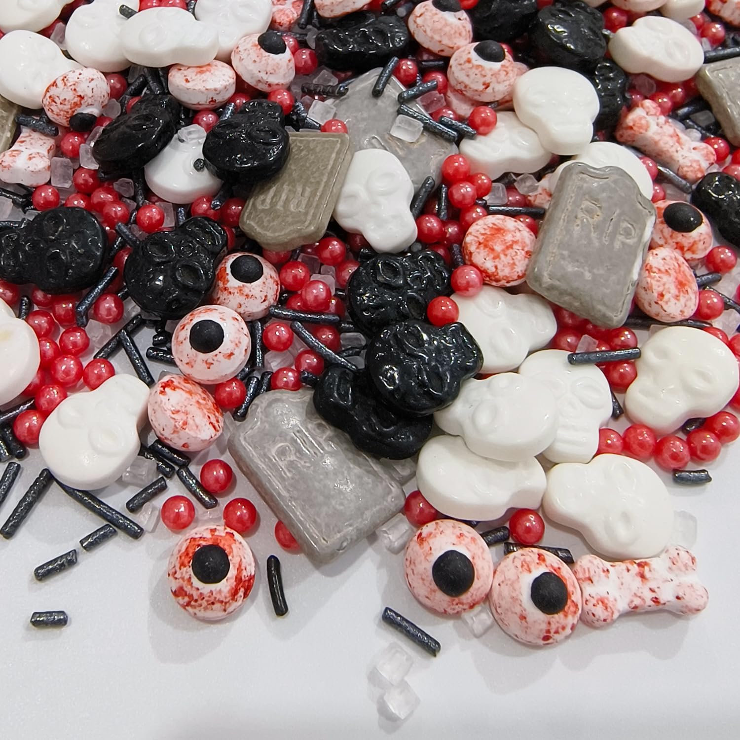 Spooky Halloween Sprinkles - 130g Edible Bloody Eyes, Bones, Tombstones, Skulls & Black/Red Sprinkles for Scary Treats, Cupcakes, Cookies, Graveyard Cake Decorations DIY Party Supplies