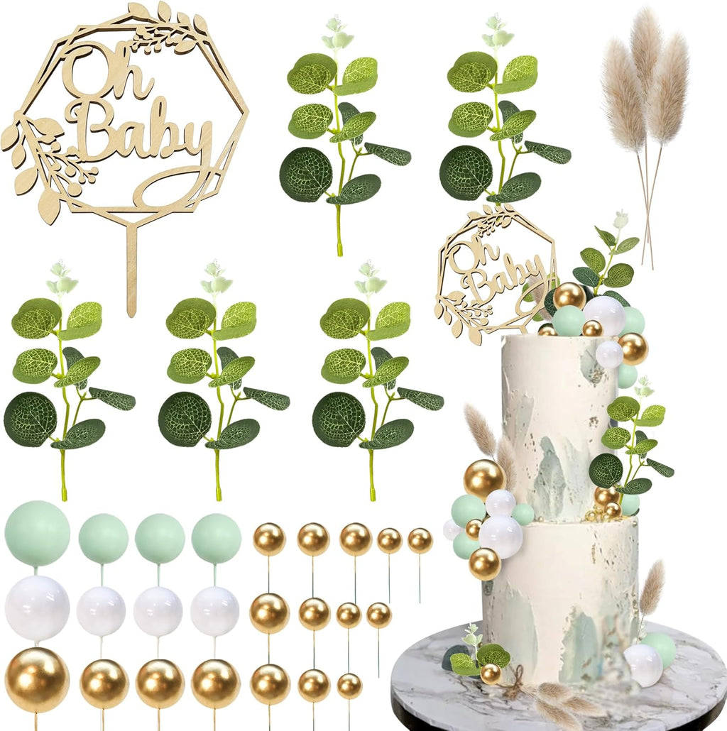 33 PCS Wood Oh Baby Cake Topper Balls Cake Topper Balls Cake Decorations with Artificial Leaves for Baby Shower Newborn Birthday Party Gender Reveal Decorations Cake Party Supplies