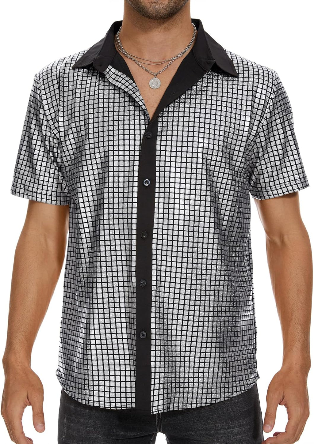 Zando Men's Sequin 70s 80s Disco Shirt - Retro Short Sleeve Button Up Costume Halloween New Year Party Outfit Top & Clubwear