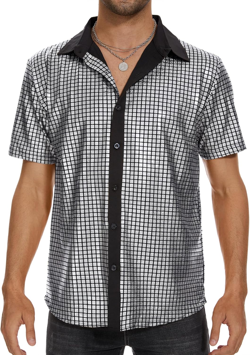 Zando Men's Sequin 70s 80s Disco Shirt - Retro Short Sleeve Button Up Costume Halloween New Year Party Outfit Top & Clubwear