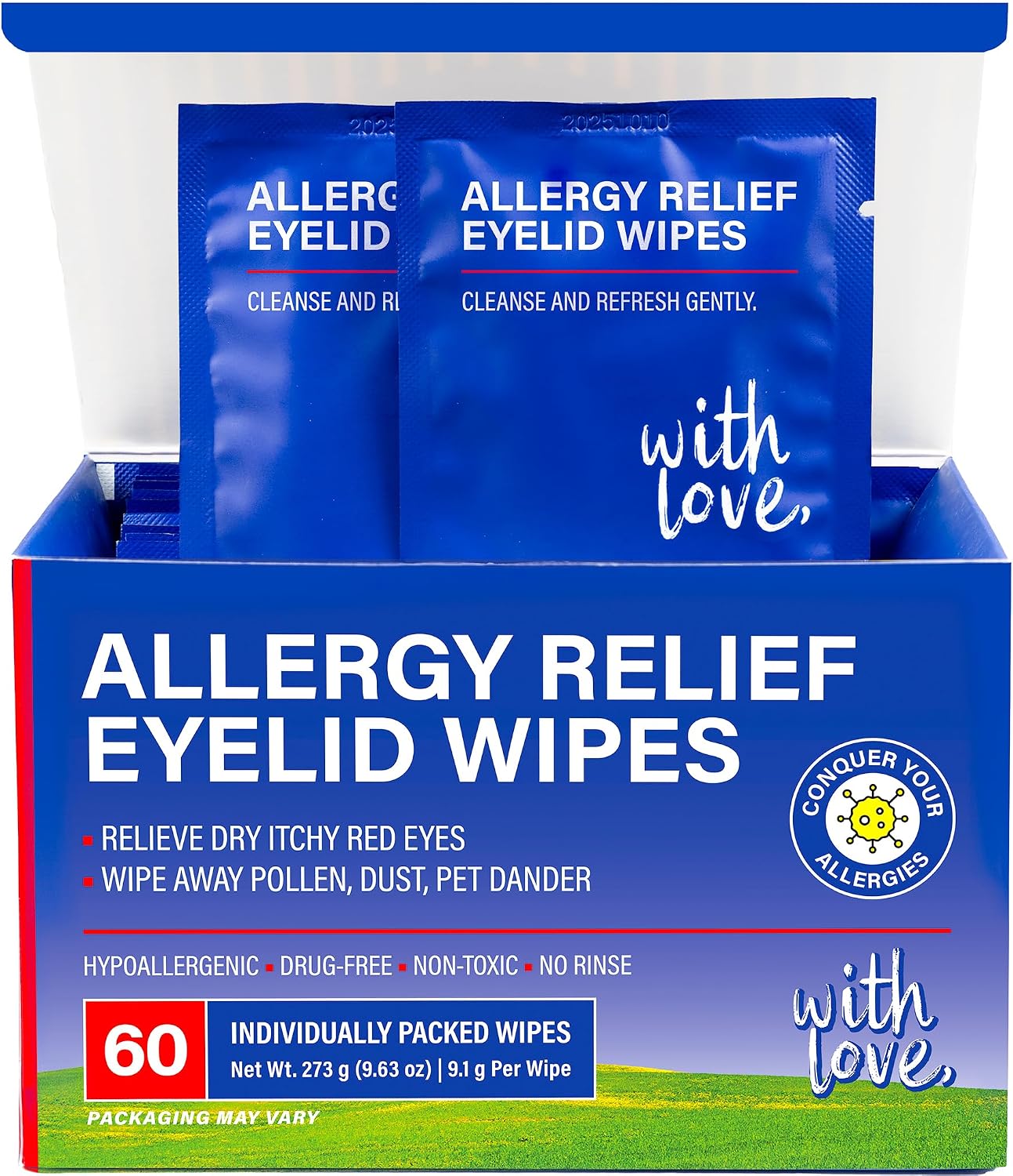 Allergy Eye Wipes for Dry Itchy Red Eyes 60 Count | Drug Free Eye Wipes for Pollen Pets & Seasonal Allergies | Hyaluronic Acid, Chamomile & Aloe | Individually Wrapped Sensitive Eye Cleansing Wipe