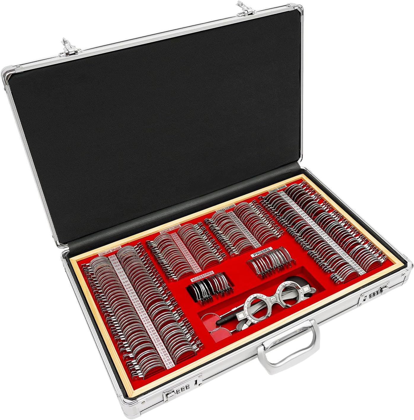266Pcs Optometry Rim Case Kit,Precision Optical Lens Optometry Kit with Metal Rim Aluminum Box,Trial Frame Metal Rim Ophthalmic Lenses for Optometrists,Vision Testers,and Household Use