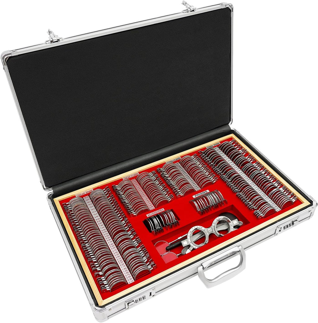 Optical Trial Lens Set Kit(266 pcs), Metal Rim Aluminum Case,Precise Optical Trial Lens Set Metal Rim Optometry Box Kit with Optometry Test Trial Frame, Professional Eye Protection Accessories Set