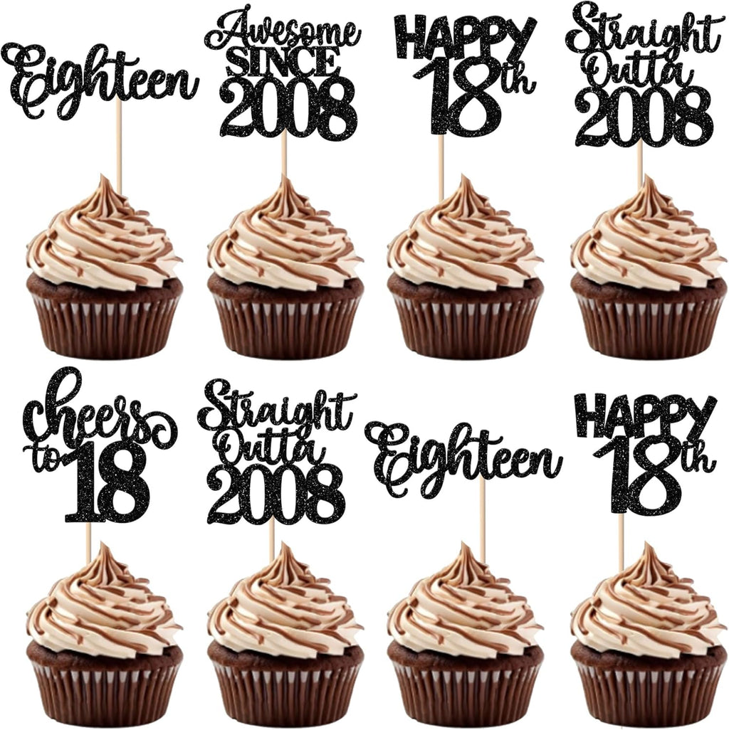 30 Pack Happy 18th Birthday Cupcake Toppers Glitter eighteen Awesome Since Straight Outta 2008 Cupcake Picks Cheers to 18 Years Cake Decorations for 18th Birthday Anniversary Party Supplies Black