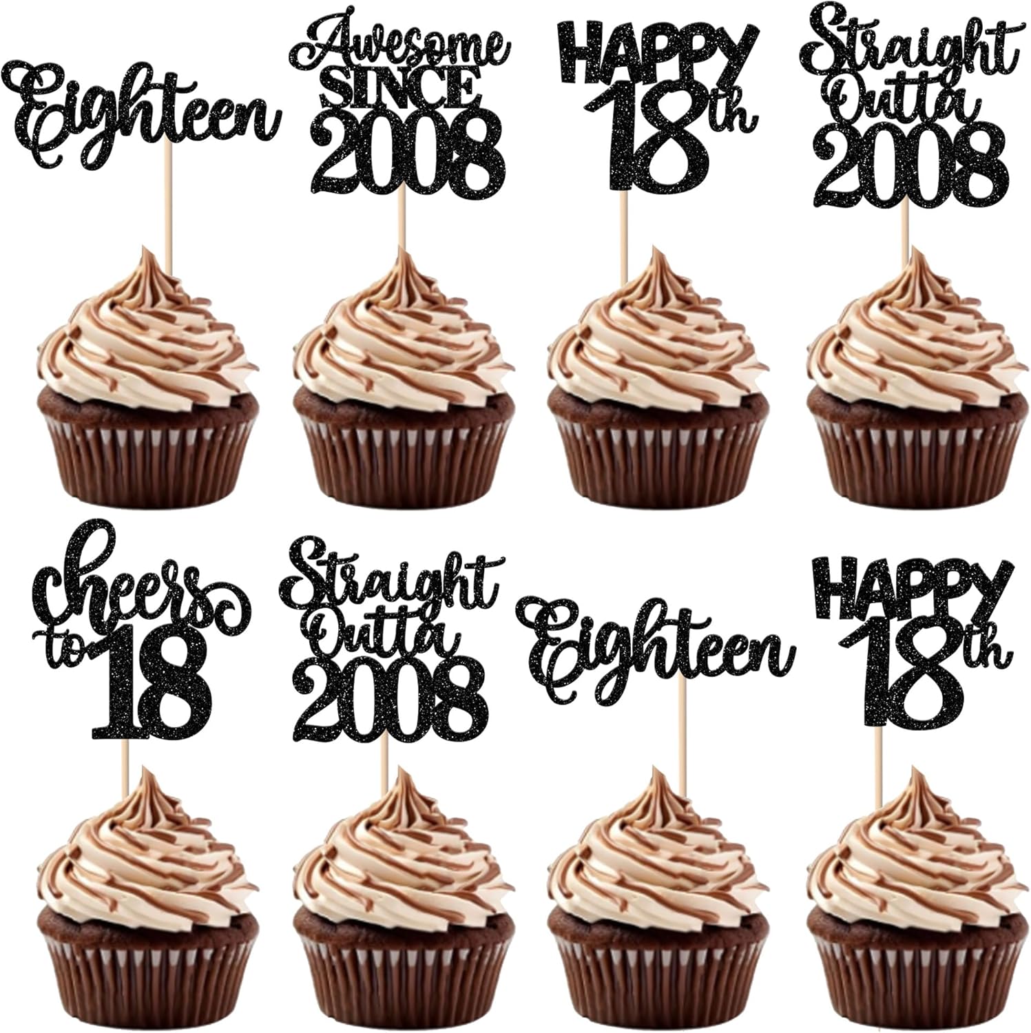30 Pack Happy 18th Birthday Cupcake Toppers Glitter eighteen Awesome Since Straight Outta 2008 Cupcake Picks Cheers to 18 Years Cake Decorations for 18th Birthday Anniversary Party Supplies Black