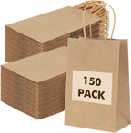OUTUXED 150pcs Brown Paper Gift Bags, 8x4x10in Brown Kraft Paper Bags with Handles Bulk Medium Size for Retail, Shopping, Wedding, Favor, Birthday Party, Business, Grocery