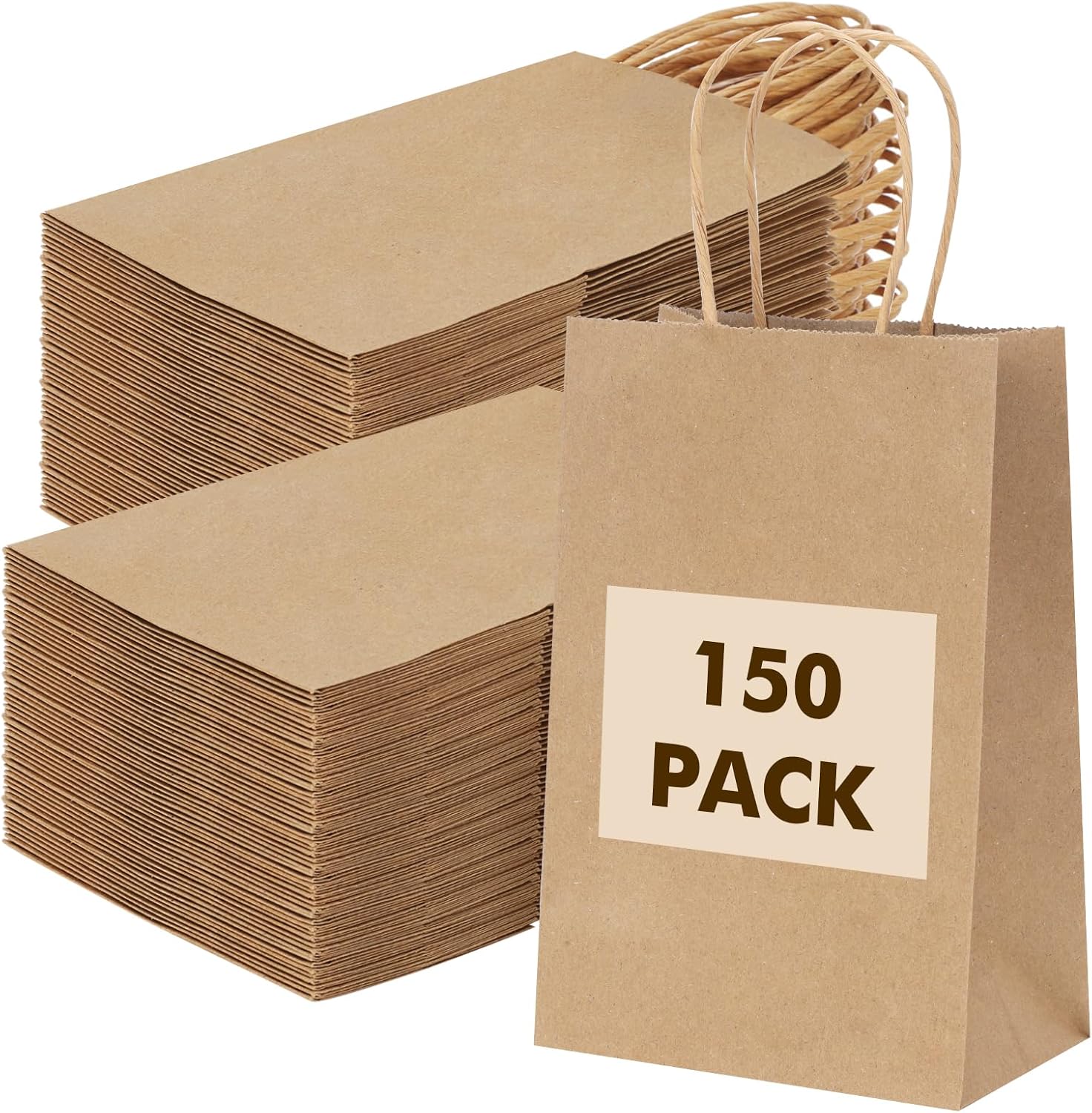 OUTUXED 150pcs Brown Paper Gift Bags, 8x4x10in Brown Kraft Paper Bags with Handles Bulk Medium Size for Retail, Shopping, Wedding, Favor, Birthday Party, Business, Grocery