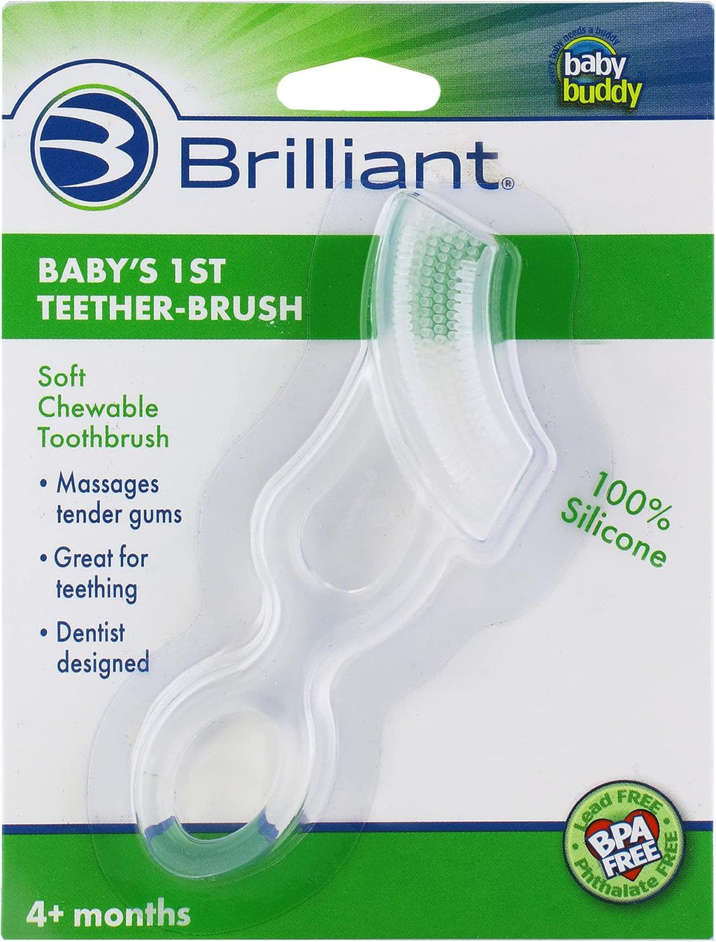 Brilliant Oral Care Baby’s First Toothbrush, Smooth Silicone Bristles Gently Clean Tender Teeth and Gums, for Ages 4+ Months, Clear, 1 Pack