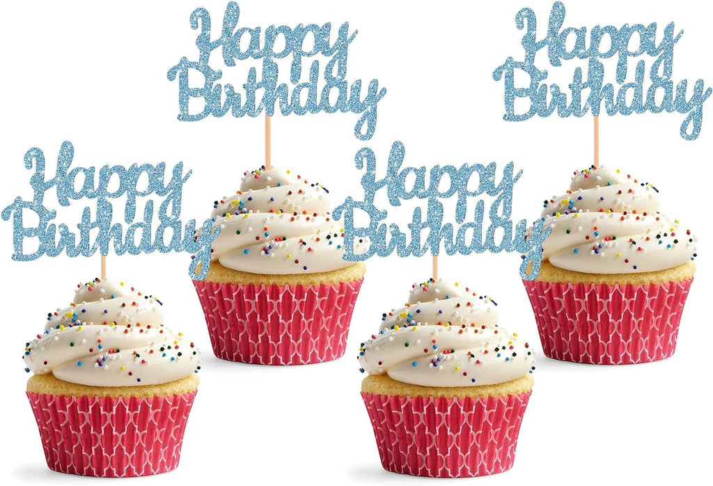 Happy Birthday Cupcake Topper - 24 Pack Glitter Sky Blue Birthday Cupcake Decorations, Celebrating Anniversary Theme Cupcake Picks (Sky Blue)