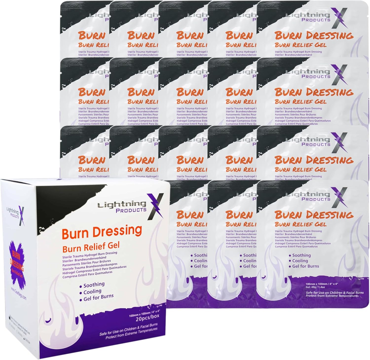 Lightning X Products Cooling Burn Relief Gel, 4x4 Inch Trauma Burn Dressing - Box of 20 Pieces