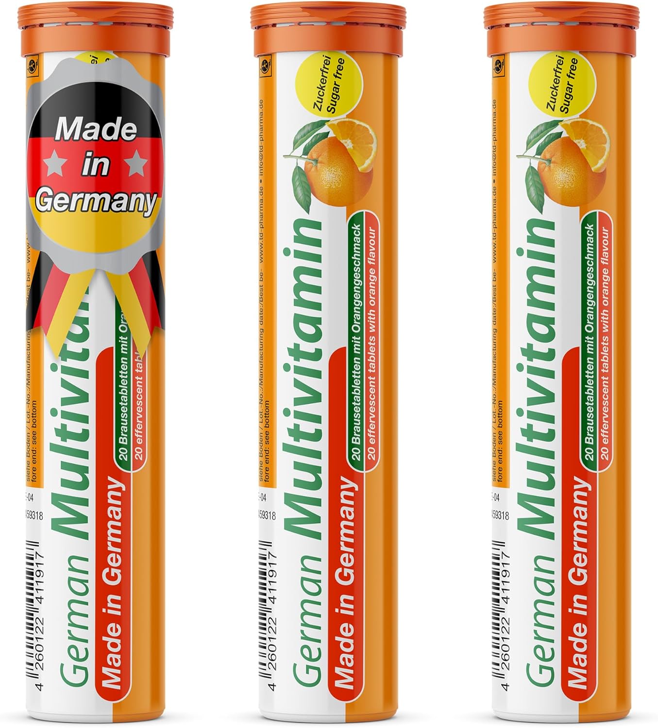 T&D German Multivitamin Drink Effervescnet Tablets 60 Servings Orange Flavour - Vitamin C, E, B1, B2, B6, B12, Biotin, Folic Acid, Niacin, Pantothenic Acid Pharma – Made in Germany