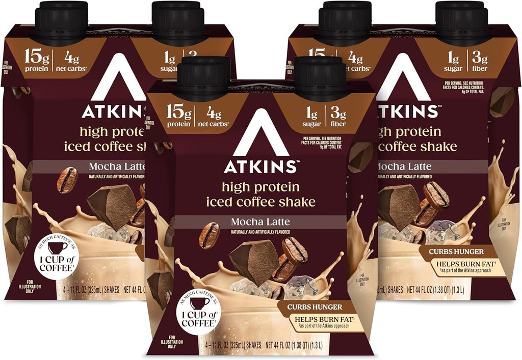 Atkins Mocha Latte Iced Coffee Flavored Protein Shake, High Protein, Low Glycemic, Low Carb and Low Sugar Shakes, Keto-Friendly, 12 Pack