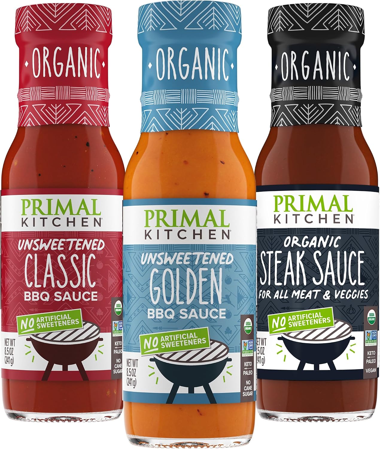 Primal Kitchen Organic Original BBQ, Golden BBQ & Steak Sauce 3-Pack, Made with Real Ingredients, No Cane Sugar or Corn Syrup