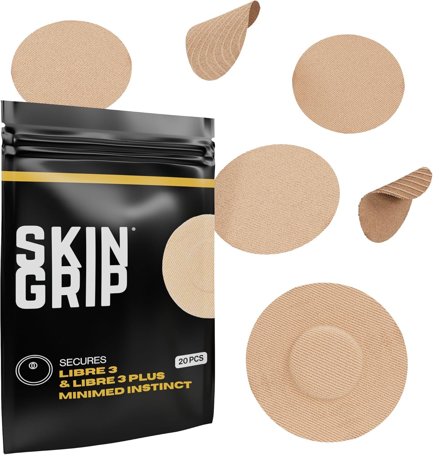 Skin Grip Freestyle Libre 3 Sensor Covers-Waterproof & Sweatproof Adhesive Patches for 10-15 Days (Not for Libre2), Pre-Cut CGM Diabetic Sensors Cover, Compatible with Instinct Sensors- 20 Pack, Tan