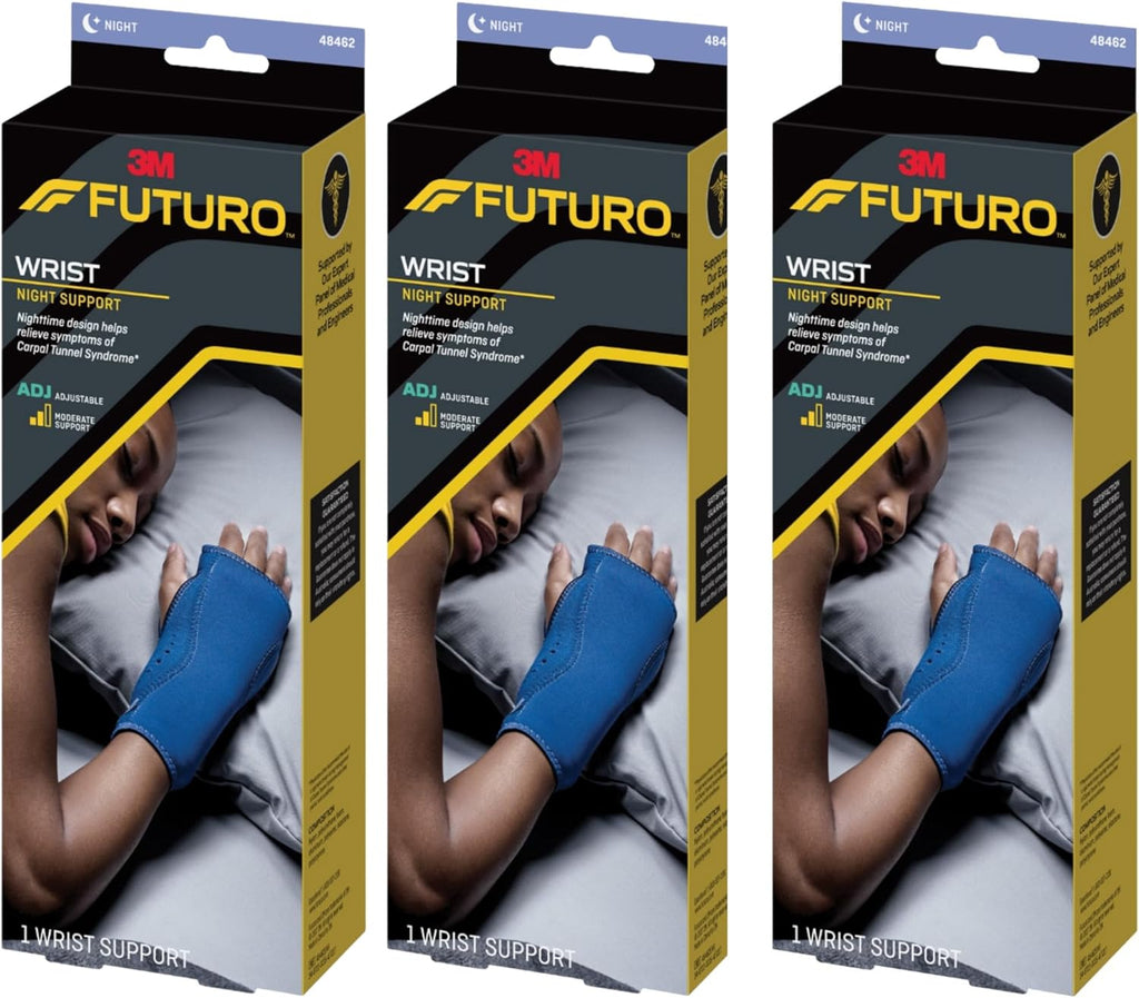 Futuro Night Wrist Sleep Support Brace, Adjustable Nighttime Splint for Carpal Tunnel Relief, Cushioned Beads and Removable Stabilizer, Fits Left or Right Hand (3-Pack)