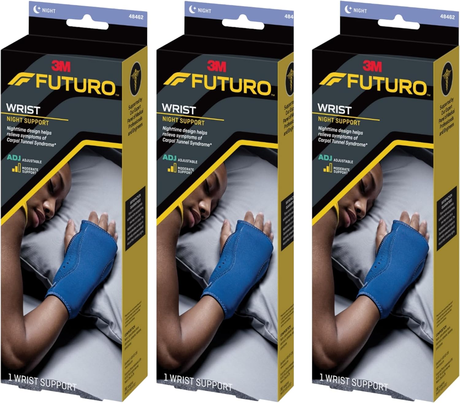 Futuro Night Wrist Sleep Support Brace, Adjustable Nighttime Splint for Carpal Tunnel Relief, Cushioned Beads and Removable Stabilizer, Fits Left or Right Hand (3-Pack)