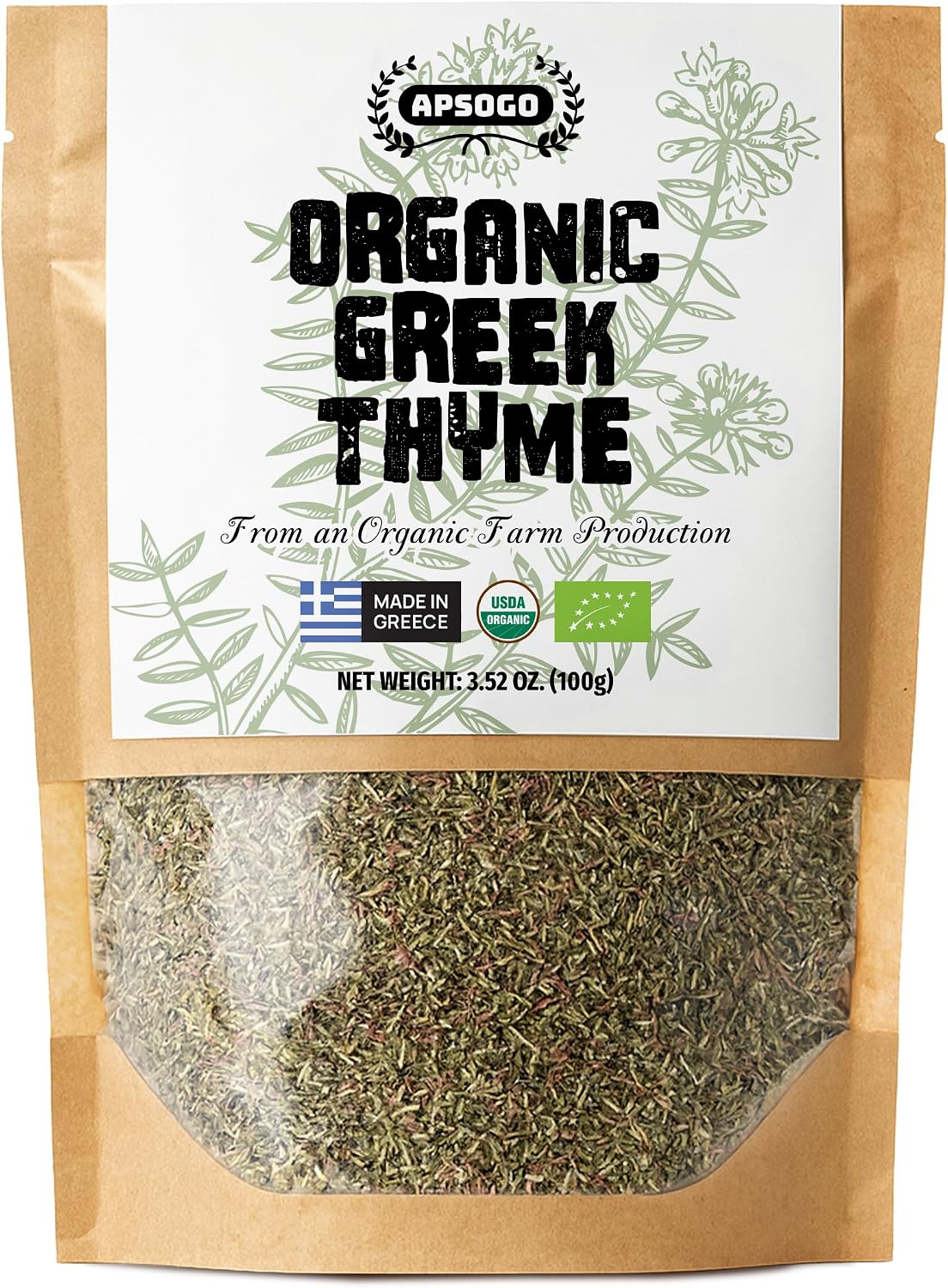 Apsogo Organic Greek Thyme – Premium Dried Thyme Leaves from Greece (3.52 oz) Aromatic for Cooking, Tea & Seasoning, 3.52 oz Resealable Eco Pouch