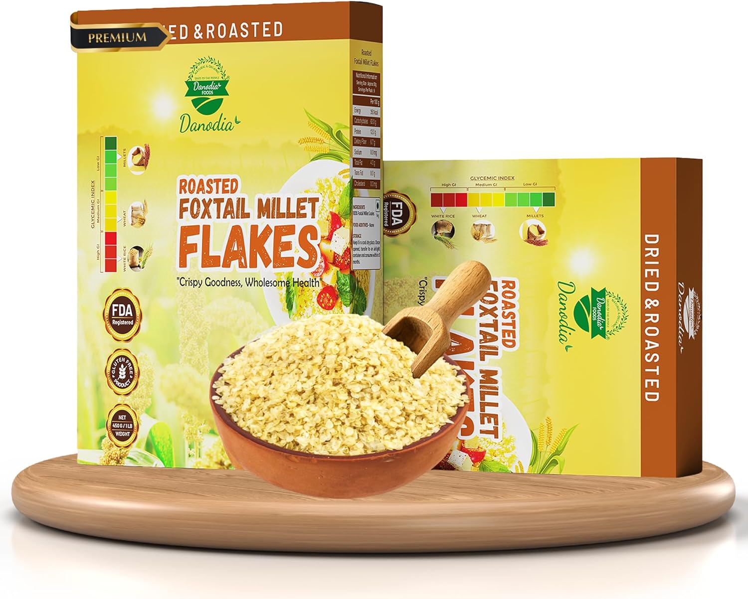 Danodia Foods Organic Foxtail Millet Flakes (450g/17oz) | Roasted & Ready-to-Eat | Ideal for Porridge, Puddings, Desserts & Smoothie Bowls | Gluten-Free & Nutritious | High Fiber & Vegan Protein