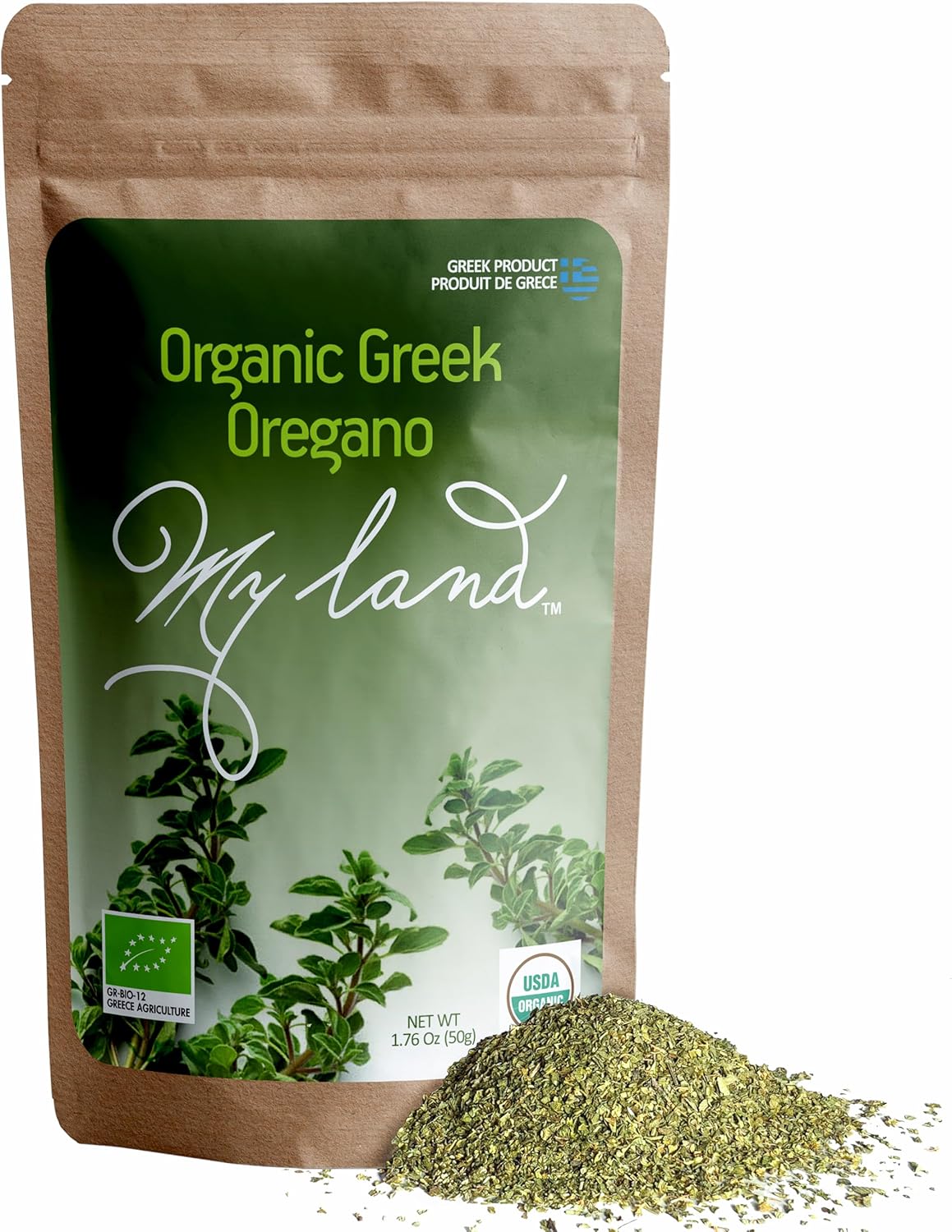 My Land Greek Oregano from Mount Olympus – Organic Dried Whole Leaves (Not Powder), Strong Aroma & High Essential Oils – Premium Culinary Herb & Herbal Tea (1.76 oz)