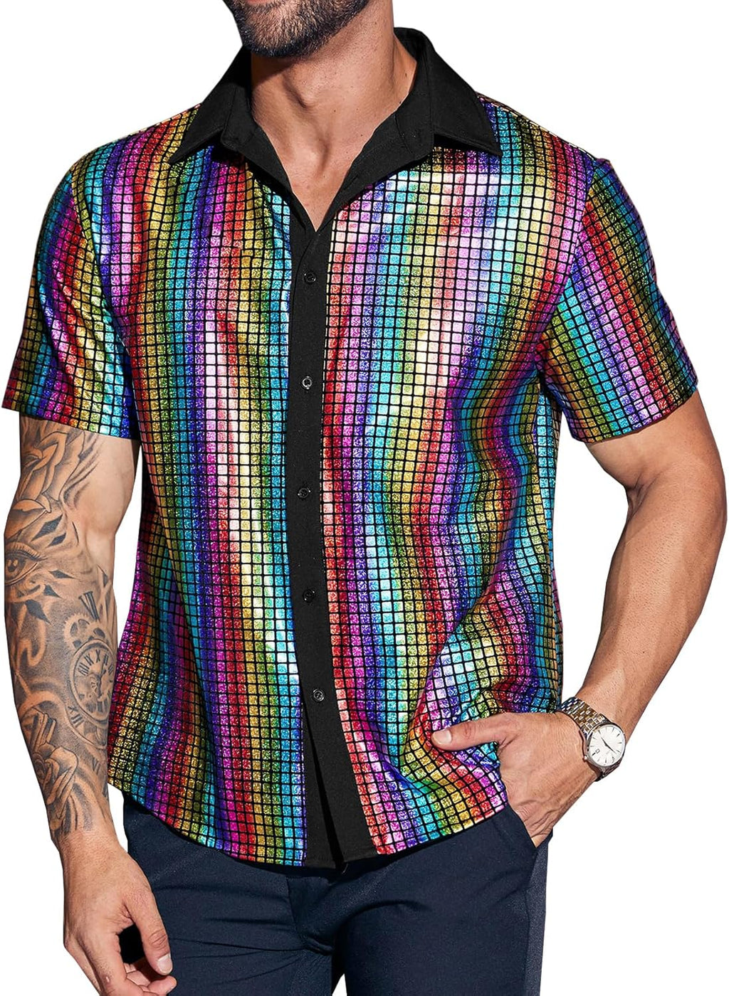Runcati Mens Disco Shirt 70s Shirts Short Sleeve Button Down Vintage Sequin Metallic Disco Outfits Party Costume Top
